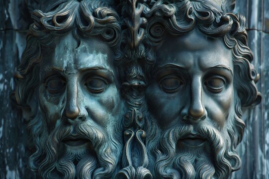 Bronze sculpture of Janus, the roman god of beginnings, gates, transitions, time, duality, doorways, passages, and endings