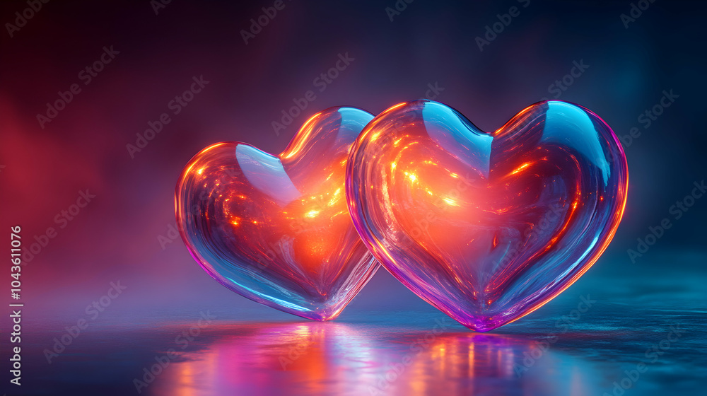 Poster large glowing hearts floating on a deep gradient background