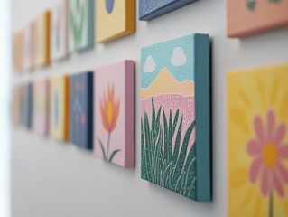 Remastered music album covers displayed on a wall, showcasing a creative theme and vibrant emotions, illuminated by warm natural light.