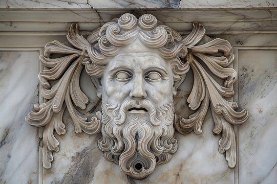 Close up of a white marble mascaron depicting roman god Janus with acanthus leaves decoration, architectural detail
