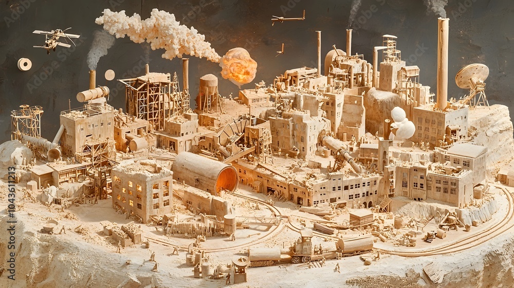 Poster detailed cut through view of a paper mill facility highlighting the intricate wood pulp production w