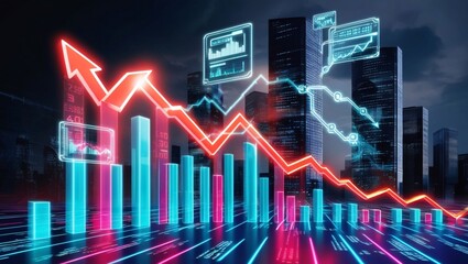 Fototapeta premium A computer screen that displays various graphs and data analysis. A businessman analyst scrutinizes digital financial data graphs, employing advanced technology to make insightful investment decisions