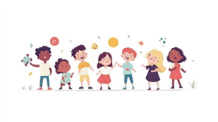 Fototapeta premium multicultural children illustrations, happy kids of diverse backgrounds sharing moments of joy while playing