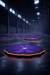 Obraz premium A futuristic warehouse filled with glowing purple platforms under ambient lighting at dusk