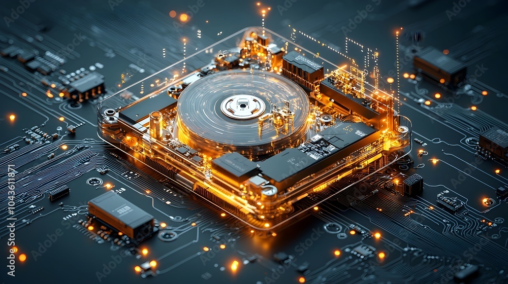 Aufkleber detailed cutaway of a transparent hard disk drive revealing the intricate internal components and me