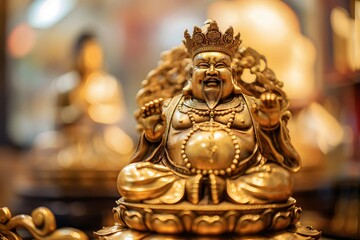 Fototapeta premium Golden statue of Kubera, the god of wealth and prosperity in Hinduism, is sitting on a pedestal with a blurred background