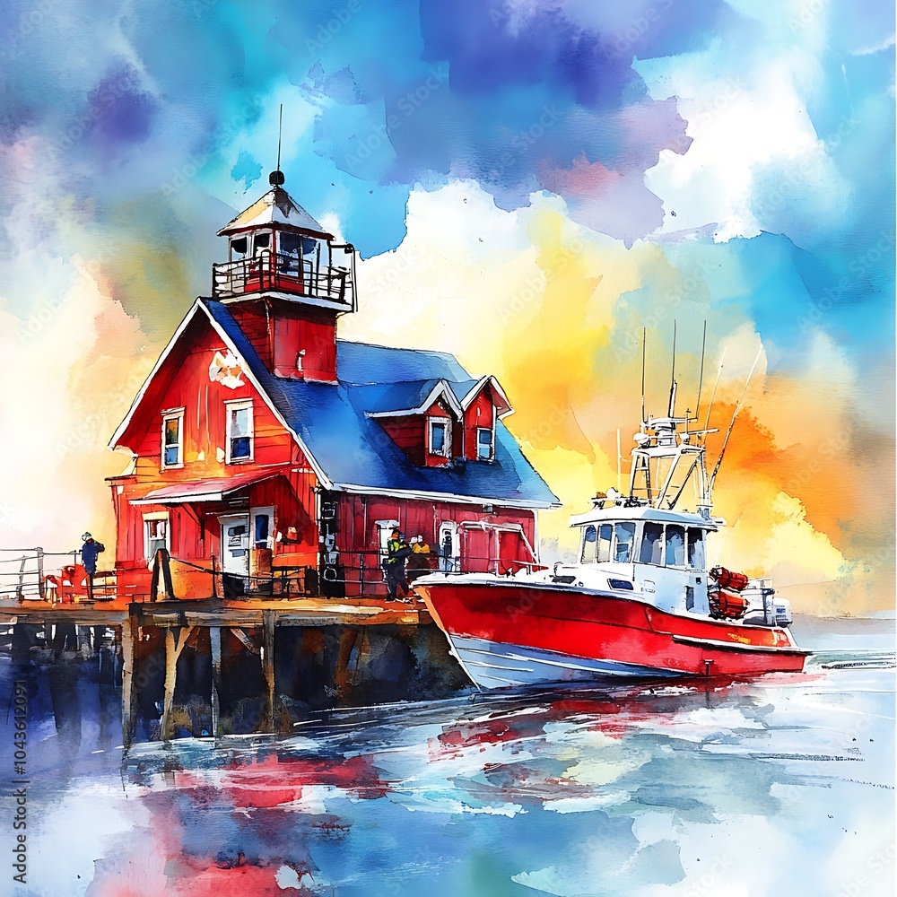 Sticker Watercolor Painting of a Red Lighthouse and a Red Boat Docked at a Pier.