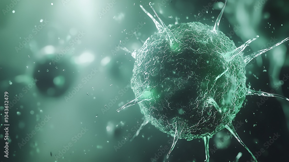Poster microscopic view of a virus, showcasing its spiked structure and translucent surface against a soft,