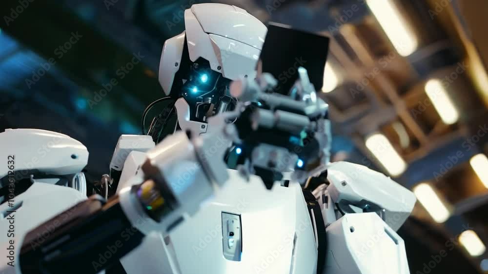 Poster Witness a cutting-edge humanoid robot showcasing intricate mechanical features in a stunning environment full of advanced technology, highlighting the future of robotics and AI.