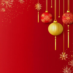 Christmas background with golden glowing lights behind golden and red balls
