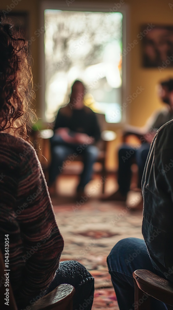 Poster a group session setting with participants seated, focusing on an individual speaker, fostering conve