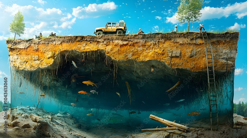 Poster detailed layered cross section of a tranquil lake revealing the intricate underwater ecosystem with 