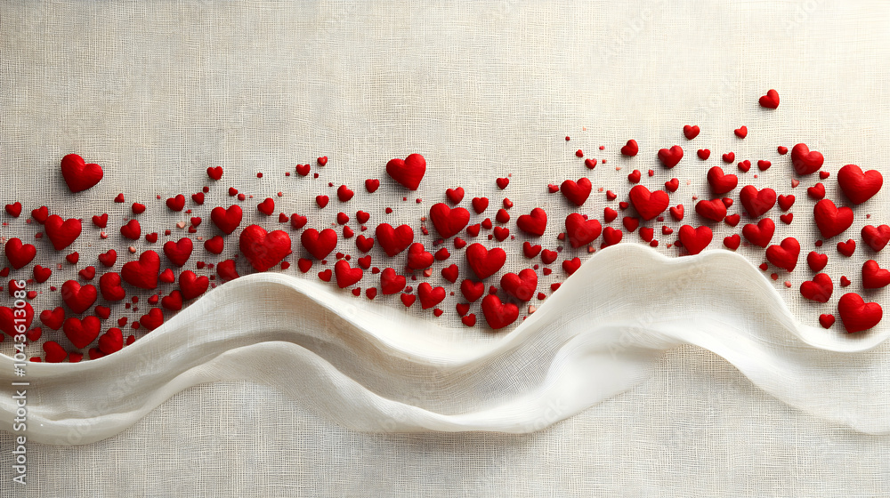 Poster red hearts forming a wave pattern on a textured white canvas background