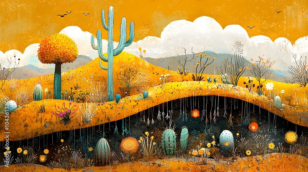 Poster detailed layered cross section revealing the intricate underground structure of a desert ecosystem f