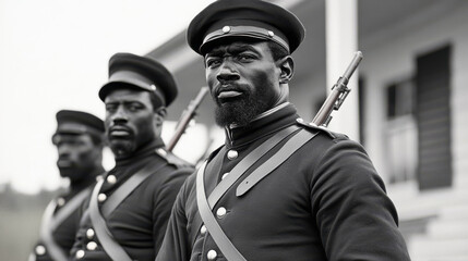 African American soldiers in Union uniforms standing proudly, showcasing their strength and determination. Their expressions reflect deep sense of duty and honor