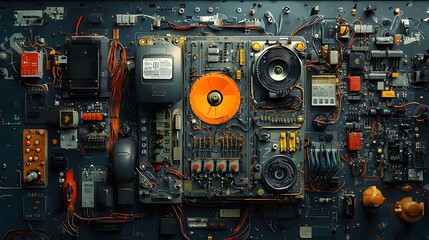 Fototapeta premium Detailed layered cross section showcasing the internal components and structure of a video game console including cooling fans processors and wiring
