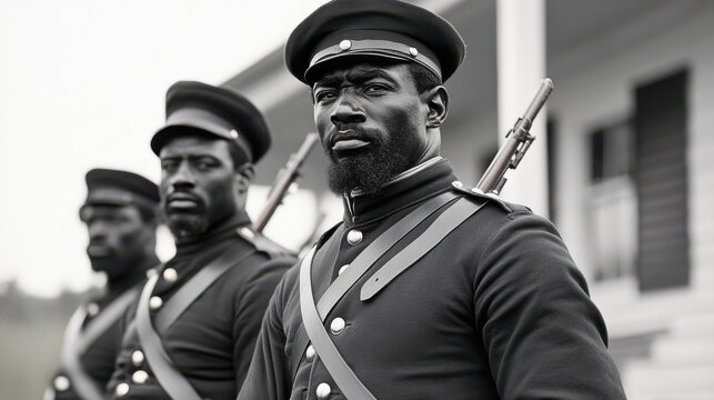 African American soldiers in Union uniforms standing proudly, showcasing their strength and determination. Their expressions reflect deep sense of duty and honor