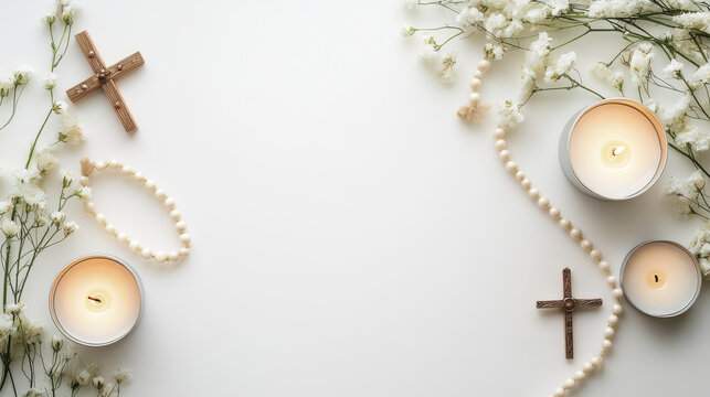 serene flat lay featuring candles, crosses, and prayer beads surrounded by delicate flowers, perfect for reflection and remembrance