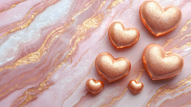 Rose Gold Hearts Arranged on Soft Pink Marble Texture Background