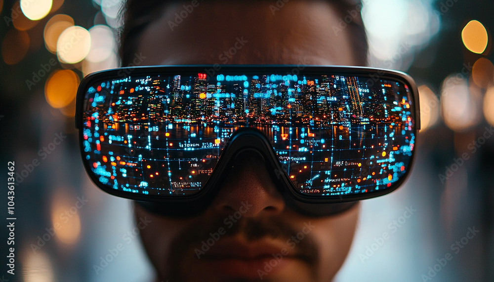 Poster futuristic man in virtual reality simulator, looking illuminated generated by ai