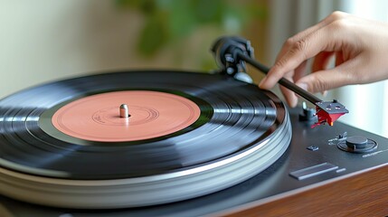 Naklejka premium Remastered albums displayed on a vintage turntable, warm tones, nostalgic mood, soft lighting