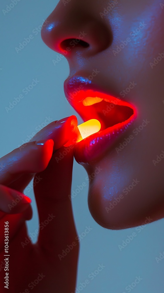 Poster a close-up image showcasing a hand holding a glowing object near vibrant lips, creating a striking v