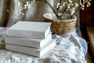 Stack of three white books for text, on textured fabric with wicker basket and flowers in the background
