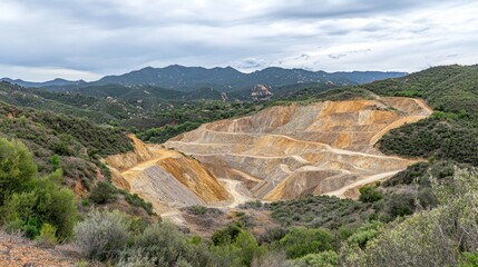 Obraz premium A large, excavated area in a mountainous landscape, showcasing mining or quarrying activity.