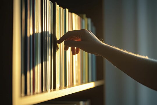 Silhouette of a person reaching for a remastered album on a shelf, contemplative theme, emotional depth, backlighting