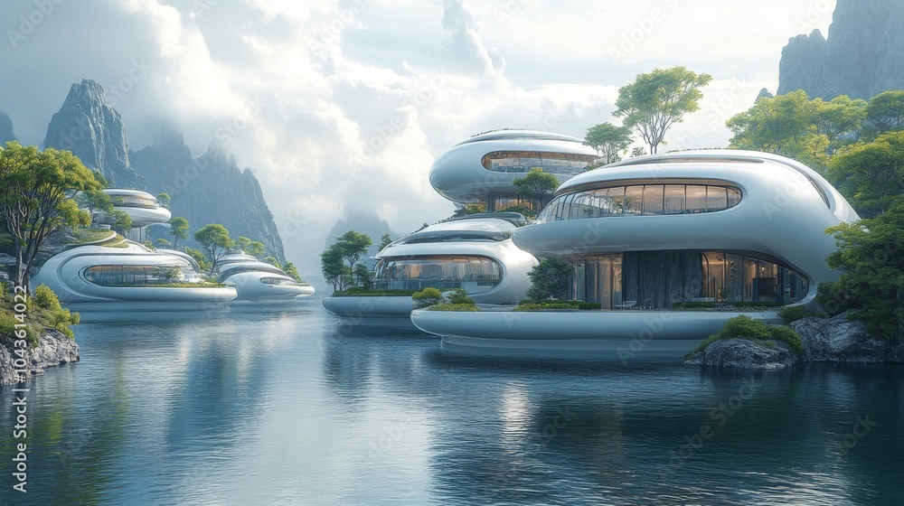Poster sleek, modern homes float on a tranquil lake, harmonized with the surrounding mountains and lush tre