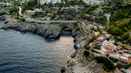 Aerial view of Ciolo's Bridge in the province of Lecce, Salento, Puglia, Italy. It is a single-span...