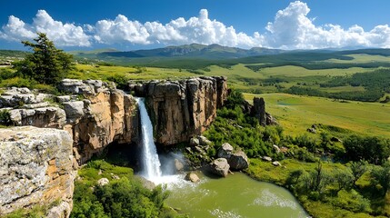 Dramatic cut through perspective showcasing the powerful flow of a waterfall cascading over a rocky cliff face surrounded by lush greenery and natural vegetation