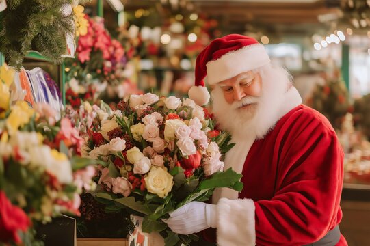 Santa Claus is carefully composing a beautiful bouquet of colorful flowers for a special Christmas delivery