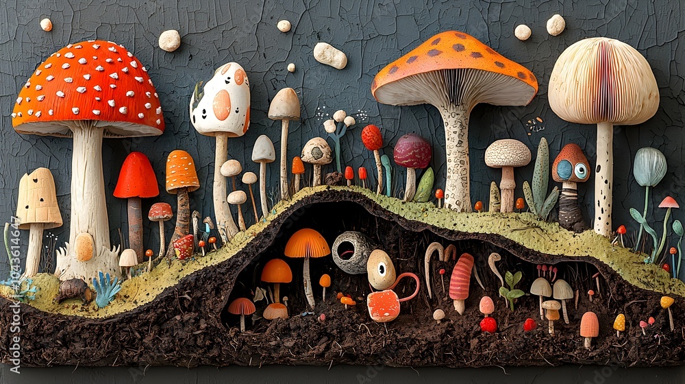 Aufkleber Captivating Cut through of Vibrant Forest Floor with Mushrooms Soil Layers and Burrowing Worms Revealing the Intricate Ecosystem Beneath the Surface