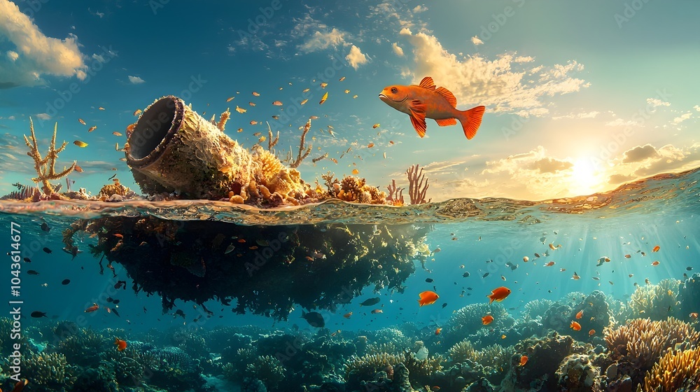Poster intricate cut through of a coral reef showcasing its vibrant marine life and reef growth over centur