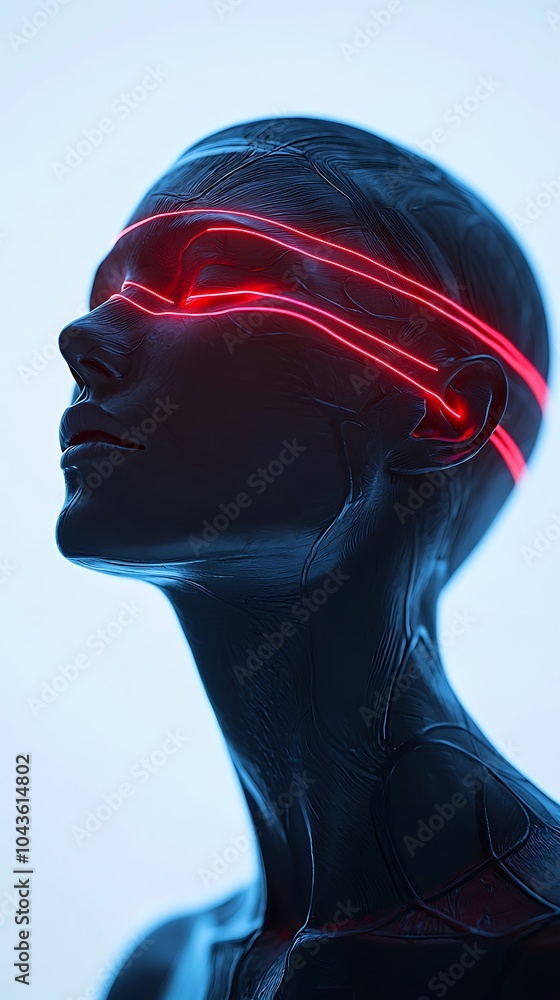 Poster a futuristic mannequin with glowing red lines across its eyes, symbolizing advanced technology and a
