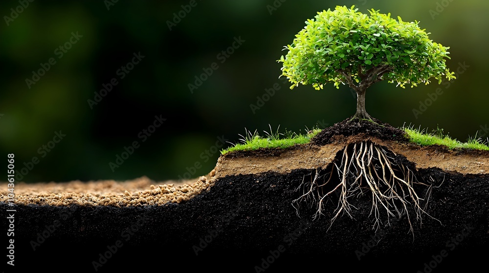 Poster intricate layered cross section of a potted bonsai tree with intertwining roots showcasing the natur