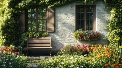 Realistic image of a country cottage with a charming garden, filled with wildflowers, ivy, and a wooden bench.