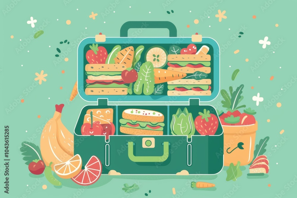 Wall mural colorful lunchbox filled with healthy snacks and vegetables