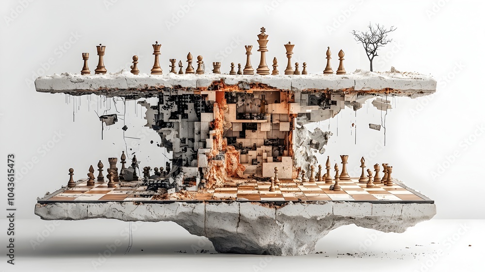 Aufkleber Layered Chess Board with Carefully Arranged Pieces in a Striking 3D Cross Section Depicting the Game s Strategic Depth and Complexity