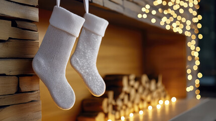 Cozy white stockings hang by warm fireplace, adorned with soft lights, creating festive atmosphere perfect for holiday season