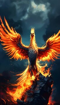 majestic phoenix rising from flames, with outstretched, fiery wings against a dark, dramatic sky, symbolizing rebirth.
