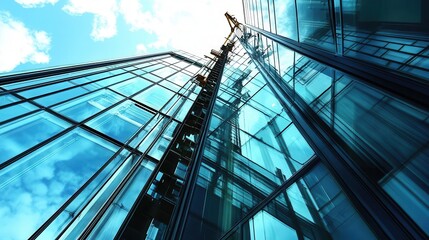 Fototapeta premium A striking low-angle view of a glass skyscraper highlighting its modern architecture against a bright sky.