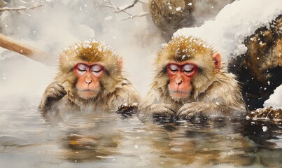Fototapeta premium Watercolor Relaxing Snow Monkeys bathe in Hot Springs, Jigokudani, Nagano, Japan