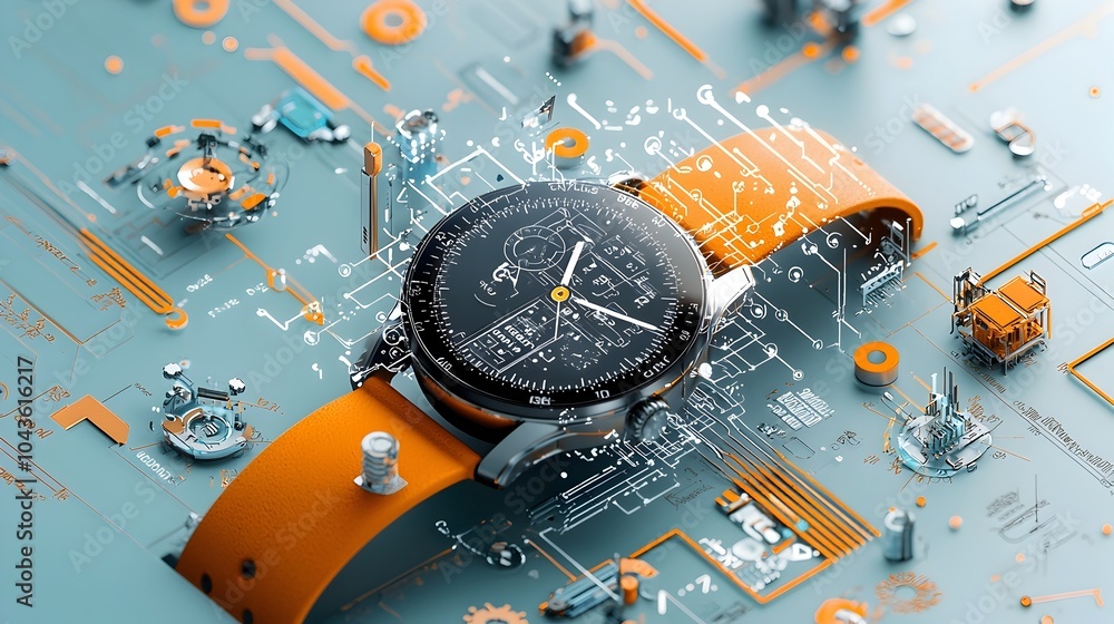 Poster layered cross section of a sophisticated smartwatch revealing a detailed view of the intricate senso