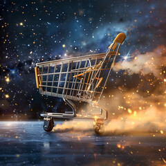 Cosmic Cart: An empty shopping cart floats amidst a cosmic backdrop of stars, smoke, and fire, creating a surreal and futuristic image.