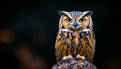 Obraz premium Stealthy Owl Camouflaged on Tree Branch at Dusk - Close-up Wildlife Portrait in Natural Habitat