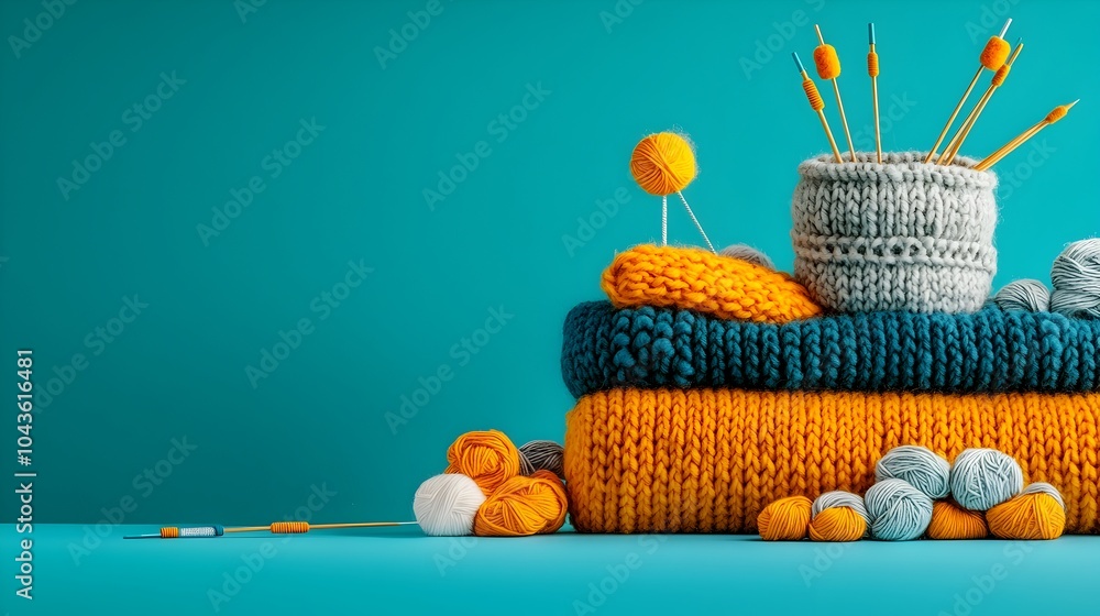 Aufkleber Layered cross section view of a comprehensive knitting kit featuring various materials and tools such as yarn needles and finished knitted projects in different stages of completion