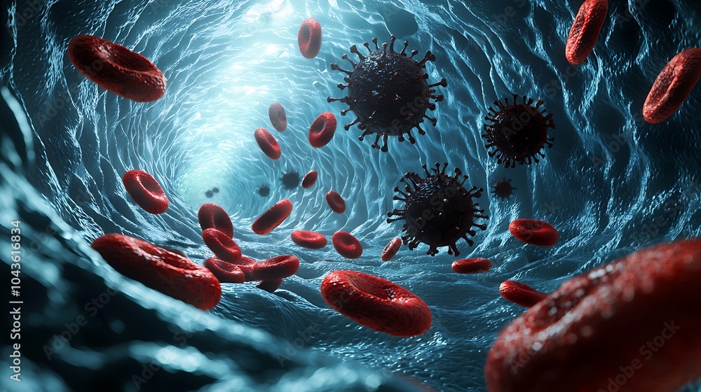 Poster a vivid visualization of blood cells and viruses in a dynamic flow, illustrating the complex interac