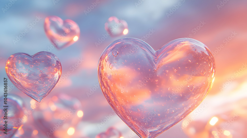 Poster transparent hearts of various sizes floating against a soft background